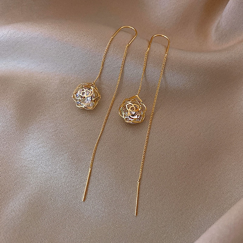 Drop Ear Line Long Hanging Earrings For Women Rose Gold Color Zircon Crystal Piercing Threader Earing Ear Accessories Jewelry